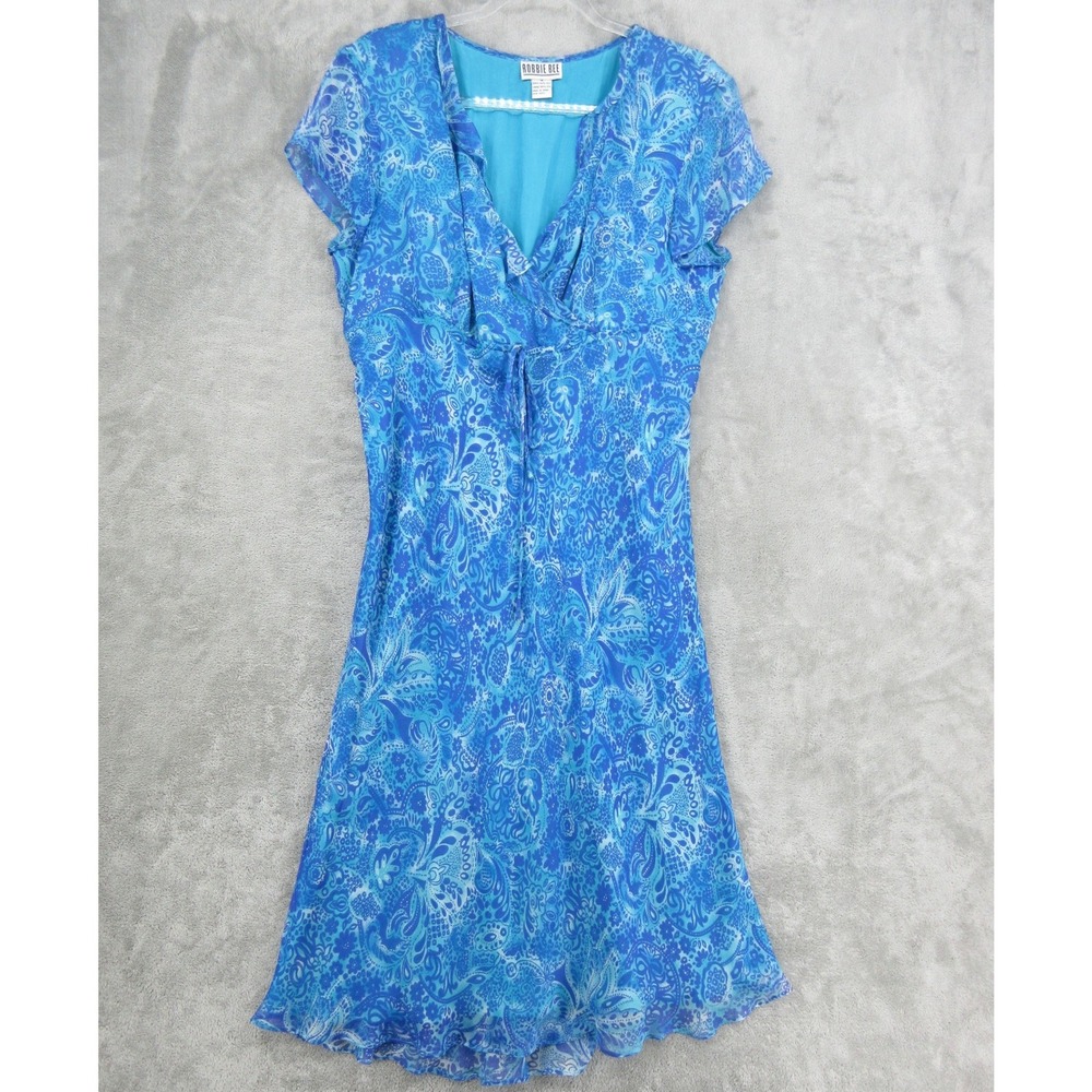 Vintage Robbie Bee Dress Womens Size L Silk Paisley Babydoll 90s Chiffon Blue